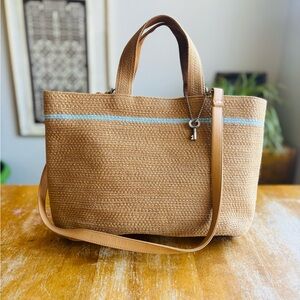 Fossil Vintage Woven Rope Tote Tan with Blue Accent